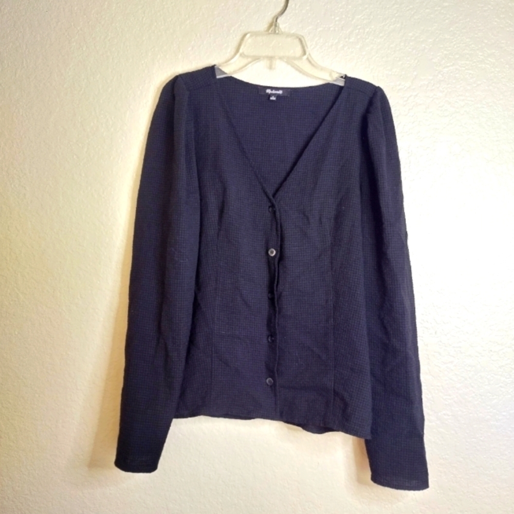 Madewell Shirt Black Check Button Up Long Sleeve V-Neck Blouse Cotton Sz 6